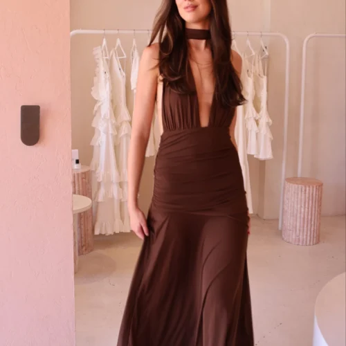 By Nicola Fiesta Halterneck Maxi Dress In Chocolate -Chic Wear Store 0W1A0275 scaled