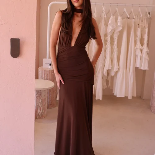 By Nicola Fiesta Halterneck Maxi Dress In Chocolate -Chic Wear Store 0W1A0301 8351483f 334a 4cf0 90b4 a14312677f45 scaled