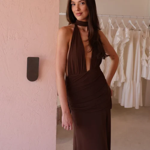 By Nicola Fiesta Halterneck Maxi Dress In Chocolate -Chic Wear Store 0W1A0323 scaled