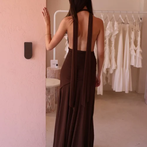 By Nicola Fiesta Halterneck Maxi Dress In Chocolate -Chic Wear Store 0W1A0327 19a40398 efea 40c7 af07 baabfcc2645a scaled