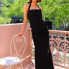 By Nicola Bay Linen Halter Neck Gathered Dress In Black Linen -Chic Wear Store 0W1A5398 scaled