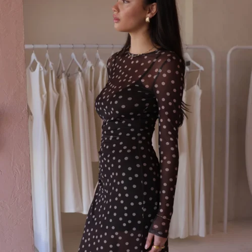 By Nicola Luca Maxi Dress In Chocolate Polka -Chic Wear Store 0W1A5888 scaled