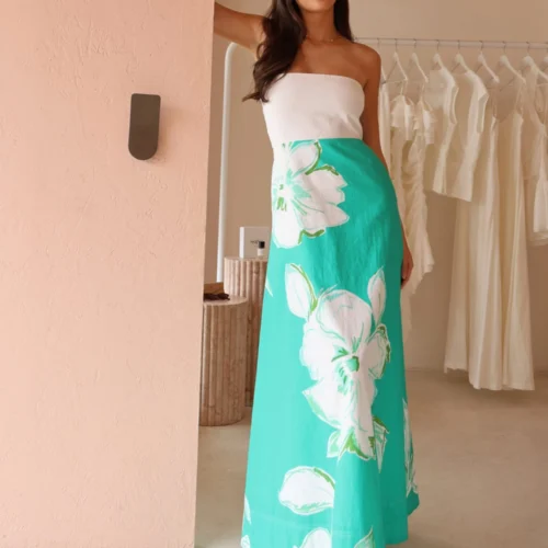 By Nicola Wavy Strapless Maxi Dress In White Verde Fleur