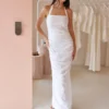 By Nicola Bay Linen Halter Neck Gathered Dress In White Linen -Chic Wear Store 0W1A8542 scaled