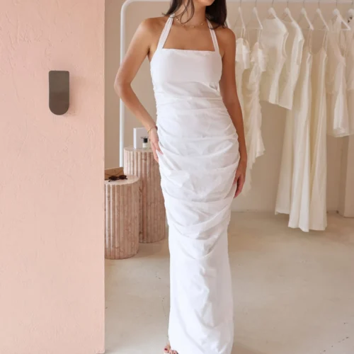 By Nicola Bay Linen Halter Neck Gathered Dress In White Linen