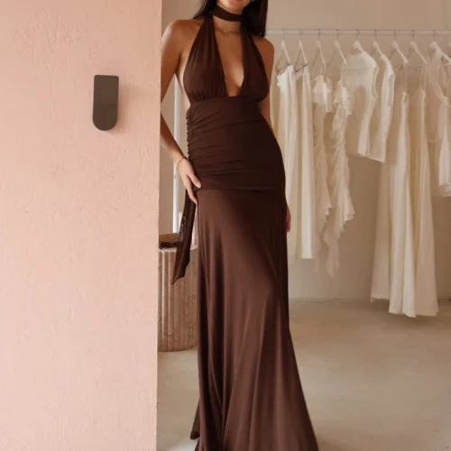By Nicola Fiesta Halterneck Maxi Dress In Chocolate