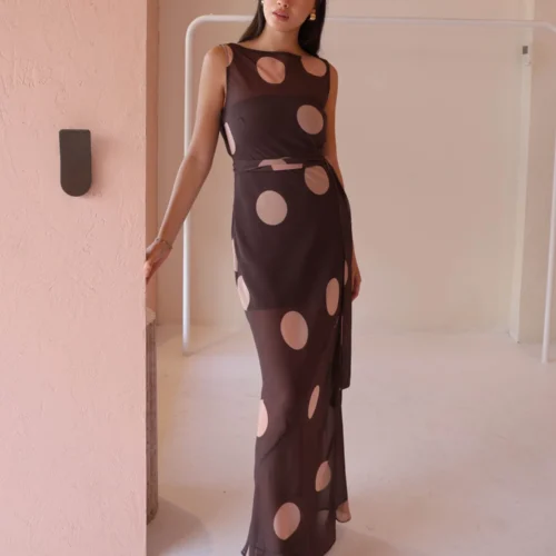 By Nicola Juno Maxi Dress In Chocolate Polka -Chic Wear Store 0W1A9435 b2ec55a6 1a6b 4a84 878b 965aa8048c3a scaled