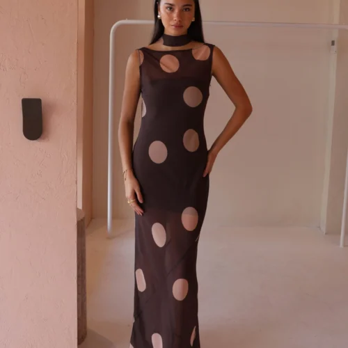 By Nicola Juno Maxi Dress In Chocolate Polka -Chic Wear Store 0W1A9453 scaled