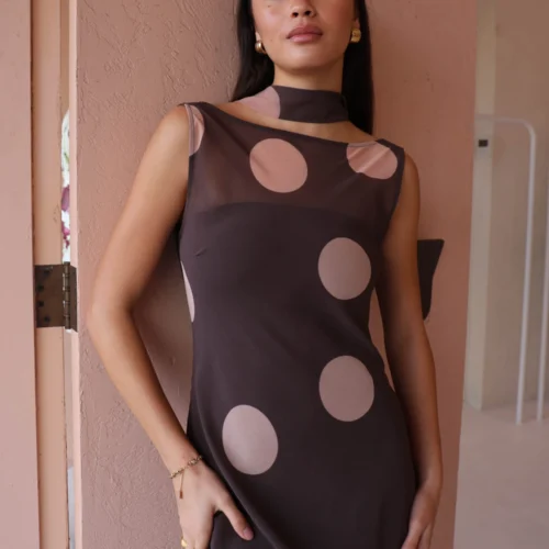 By Nicola Juno Maxi Dress In Chocolate Polka -Chic Wear Store 0W1A9477 scaled