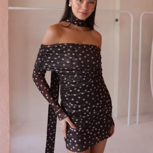 By Nicola Boston Mini Dress In Chocolate Polka -Chic Wear Store 0W1A9605 scaled