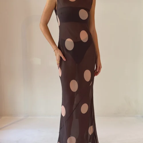 By Nicola Juno Maxi Dress In Chocolate Polka