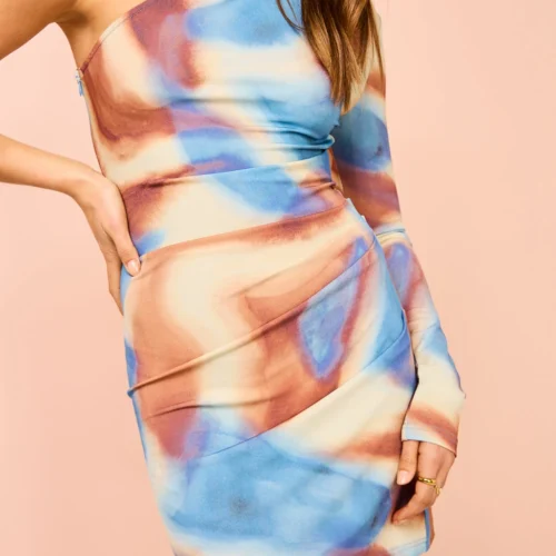 Issy One Shoulder Mini Dress In Blue Marble -Chic Wear Store Coco Lola ISSY OneShoulderMini 076