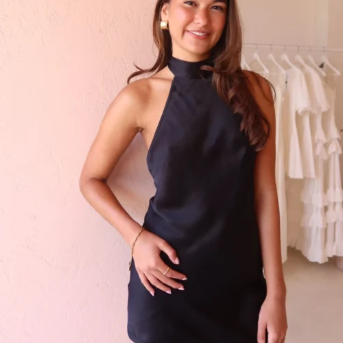 New Romantics Henri Tie Neck Mini Dress In Onyx -Chic Wear Store IMG 4038 scaled