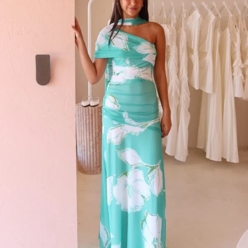 By Nicola Fiesta Off Shoulder Maxi Dress In Verde Fleur