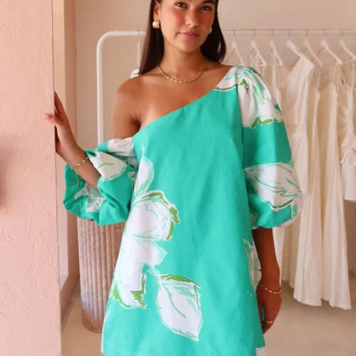 By Nicola Capri Off Shoulder Relaxed Mini Dress In Verde Fleur