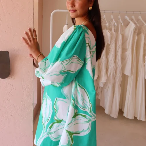 By Nicola Capri Off Shoulder Relaxed Mini Dress In Verde Fleur -Chic Wear Store IMG 4629 scaled