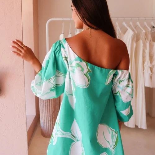 By Nicola Capri Off Shoulder Relaxed Mini Dress In Verde Fleur -Chic Wear Store IMG 4632 scaled