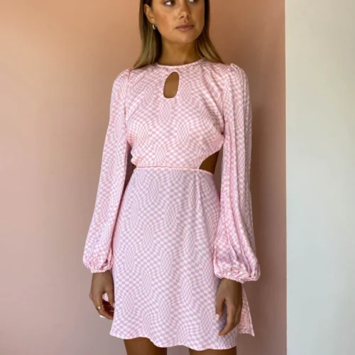 The Wolf Gang Levisa Key Hole Mini Dress In Pink Check -Chic Wear Store TWG Low Res 10