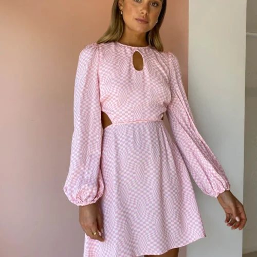 The Wolf Gang Levisa Key Hole Mini Dress In Pink Check -Chic Wear Store TWG Low Res 11