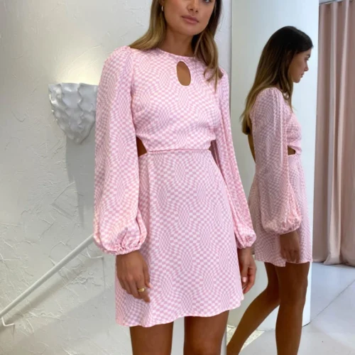The Wolf Gang Levisa Key Hole Mini Dress In Pink Check -Chic Wear Store TWG Low Res 30