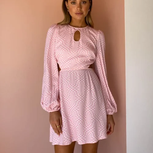 The Wolf Gang Levisa Key Hole Mini Dress In Pink Check -Chic Wear Store TWG Low Res 8